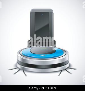 Modern robot vacuum cleaner charging battery. Stock Vector