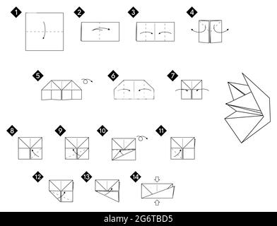 Step by step how to make origami fox face toy . Vector monochrome instructions illustration. Black and white paper DIY. Stock Vector