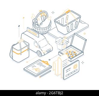 Food delivery - yellow and black isometric line illustration. Shopping, online ordering, contactless payment idea. Vegetables, fruit basket, pizza, wo Stock Vector