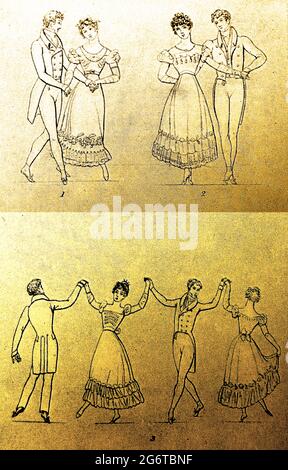 Instructions for dancing the Quadrille, from 'The Art of Dancing',  1813.The term quadrille originated in 17th-century military parades where four mounted horsemen formed square formations.  As a dance it became popular in the 18th and 19th centuries both in Europe and the European colonies. It became a craze in Britain after  Lady Jersey (Sarah Sophia Child Villiers, Countess of Jersey   1785 – 1867 introduced the dance to high society gatherings.(She was  born Lady Sarah Fane) Stock Photo