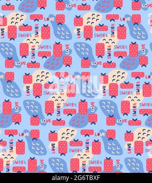 Abstract memphis style seamless pattern with geometric shape strawberry, arcs, sweet and love hand drawn text, abstract shape spot on background vector illustration Stock Vector