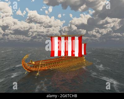 Warship of ancient Greece in the open sea Stock Photo