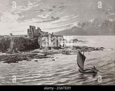 A late 19th century view of a sailing dinghy passing Tantallon Castle, a ruined mid-14th-century fortress, located three miles east of North Berwick, in East Lothian, Scotland, on a promontory opposite the Bass Rock, looking out onto the Firth of Forth. It withstood several sieges - damaged by King James IV in 1491; by his successor James V in 1528; during the First Bishops' War in 1639 and again during Oliver Cromwell's invasion of Scotland in 1651. Stock Photo