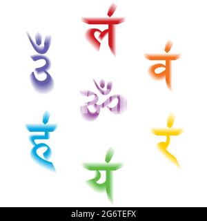 The seven bija mantras with 3D chakras set Sanskrit colorful letterig isolated on white background. Linear character illustration of Hinduism and Budd Stock Vector