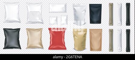 Vector 3d Realistic Foil, Long Slim Blank Packaging Set Isolated on White. Coffee, Tea, Salt, Sugar, Spices, Sachet Stock Vector