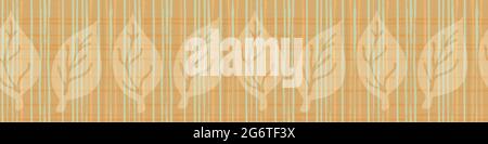 Burlap texture ribbon with blended leaves vector seamless border. Canvas textured banner with foliage. Orange neutral plaid painterly blended Stock Vector