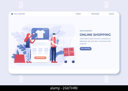 Landing page of people shopping online via mobile application on smartphone Stock Vector