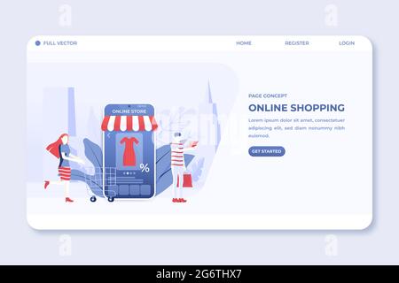 Landing page of people shopping online via mobile application on smartphone Stock Vector