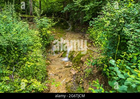 Sinter terraces with deposits of porous calcareous tuff in the river Itz at Rödental, Germany Stock Photo