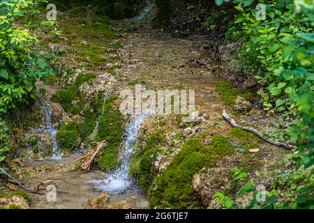 Sinter terraces with deposits of porous calcareous tuff in the river Itz at Rödental, Germany Stock Photo