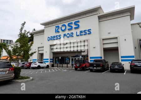 Kirkland, WA USA - circa July 2021: Angled view of the exterior of a Ross Dress For Less clothing store on an overcast day. Stock Photo