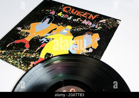 Hard rock, symphonic rock and pop band, Queen music album on vinyl record LP disc. Titled: A Kind of Magic album cover Stock Photo