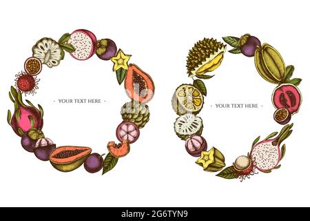 Wreath design with colored papaya, guava, passion fruit, starfruit, durian, rambutan, pitaya, jackfruit, sugar-apple, soursop, mangosteen Stock Vector
