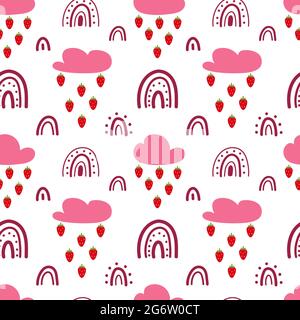 Cute cartoon seamless pattern with strawberry rain, cloud and rainbow. Fantasy kid textle design. Hand drawn vector illustration. Stock Vector
