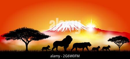 Lions family. Lion, lioness and lion cubs against the backdrop of Mount Kilimanjaro. Silhouettes of African lions. Stock Vector