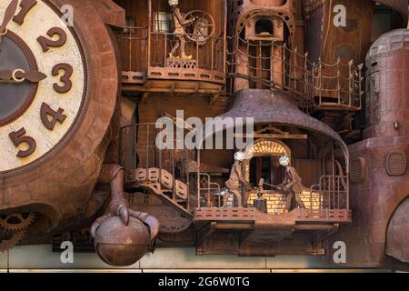 tokyo, japan - july 03 2021: Close up on the right side of the copper made Ghibli Clock designed in a steampunk style by Japanese artist Hayao Miyazak Stock Photo