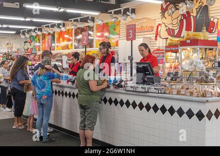 Phillipsburg, Missouri - Redmon's Candy Factory, a large candy retail store that is heavily advertised to travelers in southwest Missouri. Stock Photo