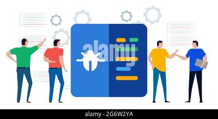team of programmer developer looking for bug bugs malware error in coding debug software application Stock Vector
