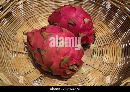 Exotic fruit called Dragon fruit, cactus pitahaya red color plucked in bamboo wicker basket. Unique different fruit bought in india Asia Stock Photo
