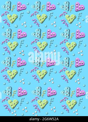 Party confetti fills a bluebackground.  3D polka dotted hearts, swirls and polka dots fill image. Stock Photo