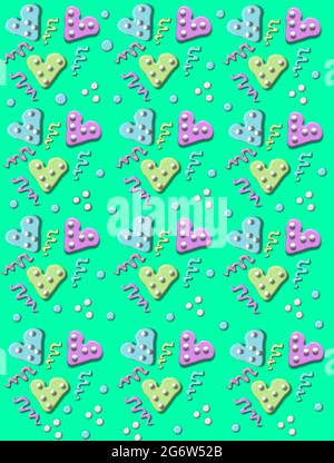 Party confetti fills a aqua background.  3D polka dotted hearts, swirls and polka dots fill image. Stock Photo