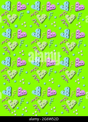 Party confetti fills a green background.  3D polka dotted hearts, swirls and polka dots fill image. Stock Photo