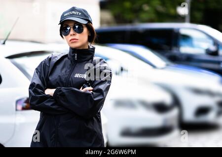 Car Parking Security Guard Officer Standing In Uniform Stock Photo