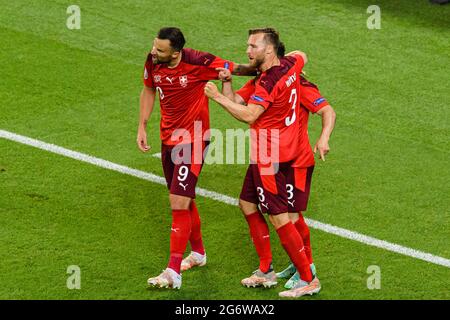 Baku, Azerbaijan - June 20: Xherdan Shaqiri of Switzerland (R) celebrating his goal with his teammates during the UEFA Euro 2020 Championship Group A Stock Photo
