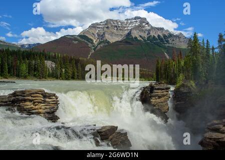 Athabasca waterfall and Mount Kerkeslin in Banff Stock Photo