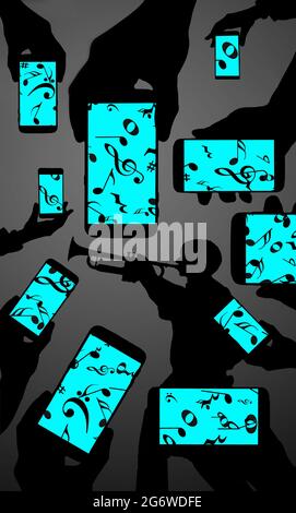 Music on cell phone screens show notes and musical symbols as a trumpet player is seen silhouetted in the background in this 3-d illustration. Stock Photo