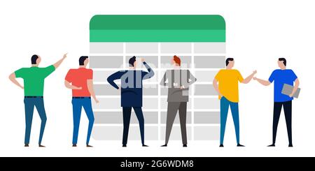spreadsheet document data audit by accountant in office people discussing number Stock Vector