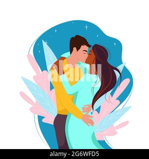 Multiracial couple in love, vector illustration in flat style. Two kissing.Multiethnic family Stock Vector