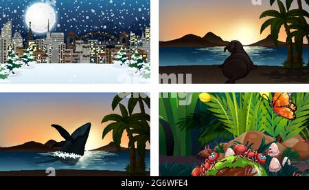 Four different nature horizontal scene  illustration Stock Vector
