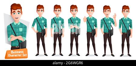 Business man characters vector set. Businessman male character with sling bag in standing pose, thumbs up and approve hand gestures for postman office. Stock Vector