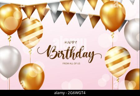Happy birthday vector background design. Happy birthday greeting text with elegant balloons and pennants celebrating elements in bokeh effect. Stock Vector