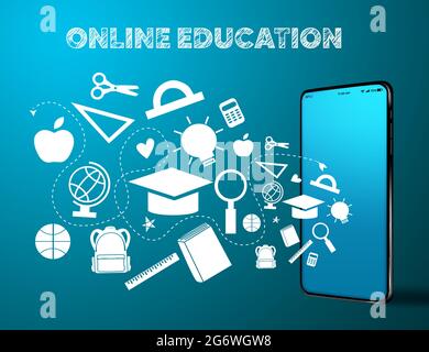 Online education vector banner design. Online education text with mobile phone device and educational doodle art elements for e-learning study. Stock Vector