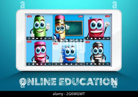 Online education school video conference vector design. Online education text with learning characters in tablet digital device screen. Stock Vector