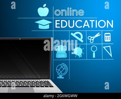 Online education vector banner design. Online education text with elearning laptop device and school supplies element in line art and study icon. Stock Vector