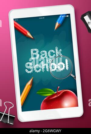 Back to school online vector design. Back to school text in tablet device and chalkboard background with educational supplies elements for e-learning. Stock Vector