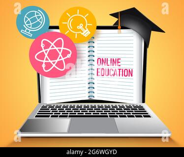 Online education vector design. Online education text with laptop, notebook and educational logo icon for e-learning back to school design. Stock Vector