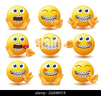 Smiley braces emoticon vector set. Emojis in dental brace characters with rich and soft hand gestures like surprised and waving hands for cute. Stock Vector
