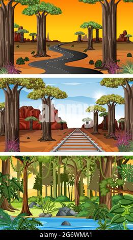 Set of different nature horizontal scenes illustration Stock Vector