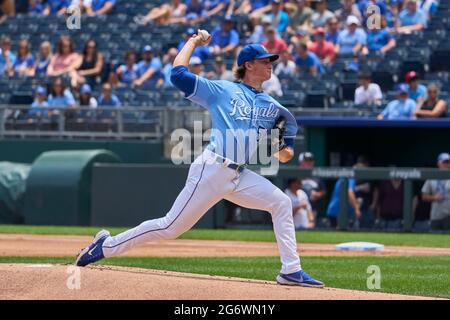 Kansas City MO, USA. 7th July, 2021. Kansas City pitcher Brady Singer (51) pitches during the game between the game with the Cinncinati Reds and the Kansas City Royals held at Kauffman Stadium in Kansas City Mo. David Seelig/Cal Sport Medi. Credit: csm/Alamy Live News Stock Photo