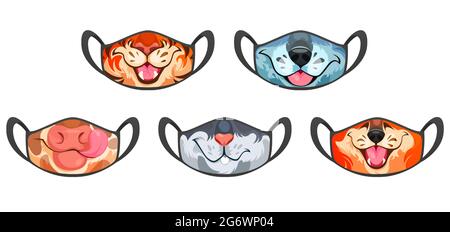 Medic masks with animal muzzles, cute cartoon cow, wolf and fox, tiger or rabbit funny faces. Protective facial equipment against coronavirus infection or allergy, creative design, Vector templates Stock Vector