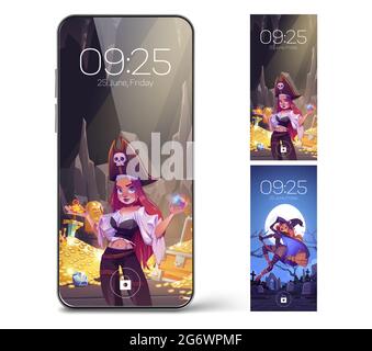 Smartphone lock screen with aurora borealis. Mobile phone onboard page with date and time, northern lights wallpapers background for cellphone device, Cartoon user interface design set Stock Vector