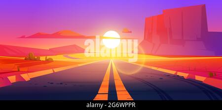 Road in desert sunset scenery landscape with rocks and dry ground. Straight empty highway in Arizona Grand Canyon, asphalted way disappear into the distance with dusk sun. Cartoon vector illustration Stock Vector
