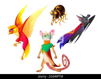 Superhero animals with cape and mask. Funny characters in super hero costume. Vector cartoon set of cute bat, mouse, bird and spider in disguise suit with cloak isolated on white background Stock Vector