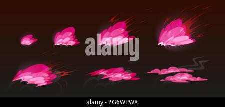 Pink burst sprites for game or animation. Vector storyboard of cartoon explosion with color clouds. Set of sequence explode with pink powder or dust splash isolated on black background Stock Vector