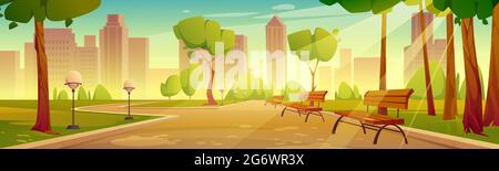 City park with benches summer scenery landscape. Urban garden with street lamps along pathway perspective view on cityscape background, empty public place with green trees, Cartoon vector illustration Stock Vector