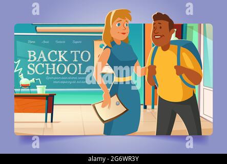 Back to school cartoon landing page with students wearing schoolbags stand in classroom with blackboard, chemistry and mathematics studying equipment. Education, knowledge vector illustration Stock Vector